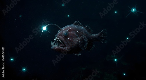 A menacing deep-sea anglerfish swims through the dark abyss, its bioluminescent lure glowing brightly to attract prey.