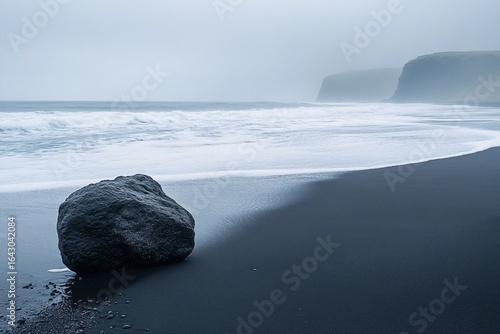 Fototapeta Naklejka Na Ścianę i Meble -  Solitary Rock on Black Sand Beach, Iceland Coastline in Foggy Weather