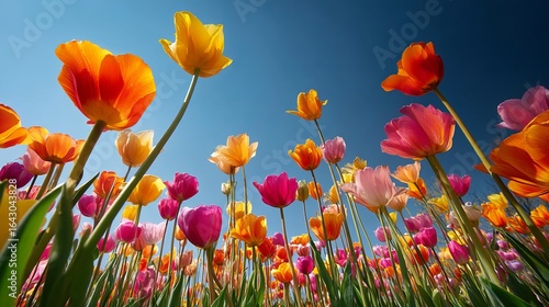 Vibrant tulip field in full bloom under a clear blue sky, showcasing a variety of colors and hues.