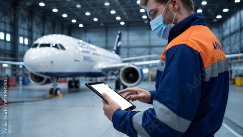 Dedicated aviation technician monitors aircraft status on tablet in hangar, showcasing modern maintenance and safety protocols for commercial air travel.