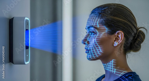 Woman scanned by face recognition device. Biometric security system. Digital grid mapping profile of female and facial scan.
