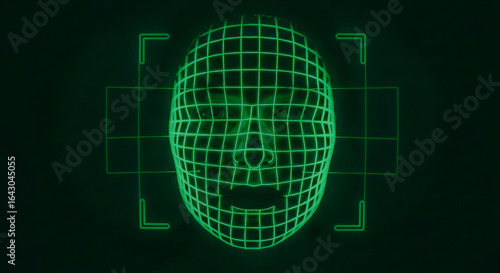 Digital human face with a green grid overlay on a dark background. Facial recognition technology for security and access control.