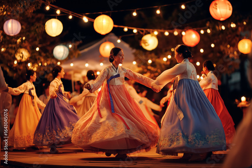 Chuseok celebration with ganggangsullae dance under full moon and glowing lanterns