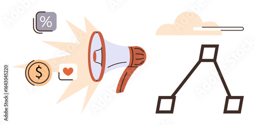 Megaphone emitting elements thumbs up heart, coin, and percentage, alongside a hierarchical flowchart. Ideal for marketing, communication, data analysis, strategy, engagement finance management