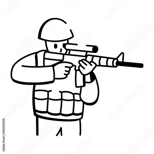 A doodle style icon depicting soldier firing with gun 
