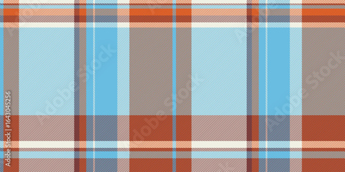 Vibrant seamless plaid pattern in cool blues, warm oranges, and earthy browns. Perfect for textile design, apparel, website backgrounds, or any project needing a cheerful, textured aesthetic.