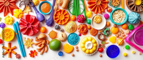 A diverse array of colorful objects, neatly arranged against a pure white backdrop,  miscellany,  flatlay