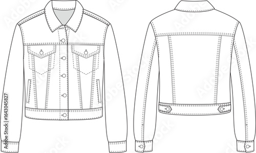 Editable technical flat of a classic fitted denim jacket with flap chest pockets, front seams, topstitches, and buttoned cuffs. Includes front and back views for fashion, techpack, and production.