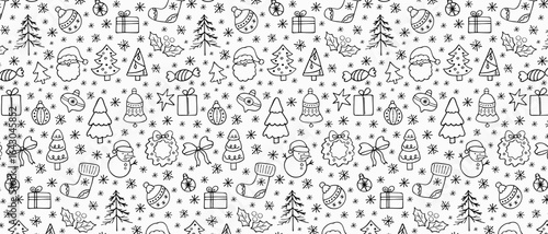 Seamless Christmas pattern with hand drawn holiday elements. Holiday icons and shapes in doodle style. Perfect for gift wrapping and backgrounds.