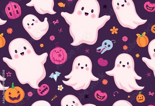 Adorable pink ghosts and Halloween elements in a repeating pattern, pastel halloween, seamless texture