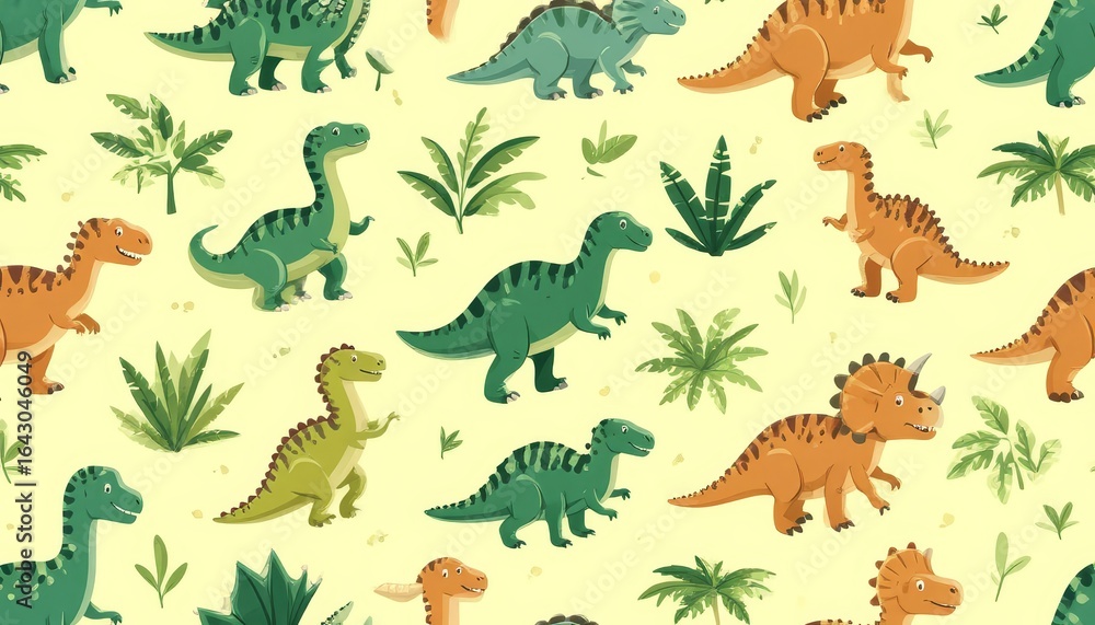 Obraz premium Vibrant prehistoric pattern with smiling dinosaurs roaming verdant jungle landscape seamless background pattern, perfect for playful kids' graphics and prints