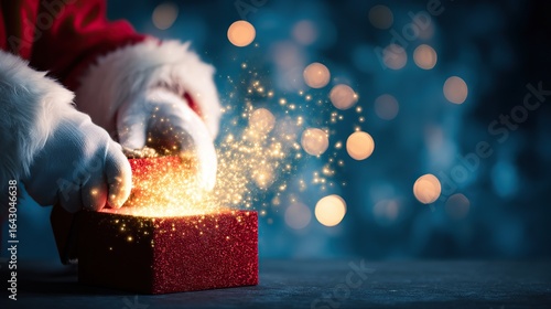 Close-up of Santa Claus hands in white gloves opening red Christmas gift box with magical golden light, dark blue bokeh background and blank space, Christmas wonder concept