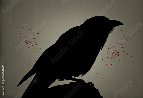 Dark silhouette, crow, grunge texture, paint splatters,  mysterious,  paint