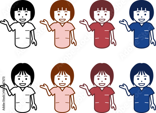 こちらと指し示す女性看護師のアイコン。その2
