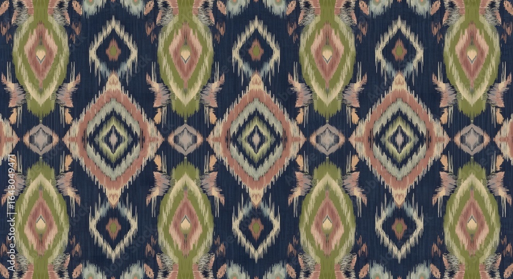 A traditional ikat textile pattern with symmetrical geometric diamonds in muted earthy tones. A traditional ikat textile pattern with symmetrical geometric diamonds in muted earthy tones.