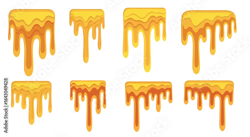 Dripping honey set with golden liquid flow isolated on white background