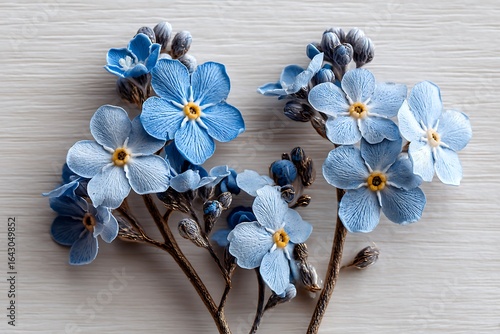 Forget-me-not flowers delicately arranged on a light wooden background, evoking peace and beauty.
