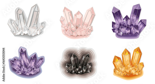 Various colored crystal clusters on a black background in six squares