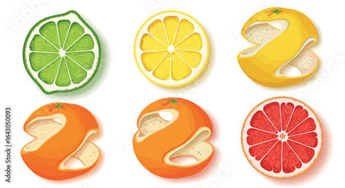 Colorful citrus fruits in sections and halves arranged in grid layout