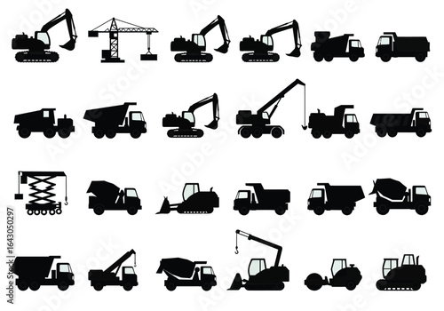 Collection of construction vehicle silhouettes isolated on white background showcasing excavators, trucks, cranes, and mixers for building and engineering projects