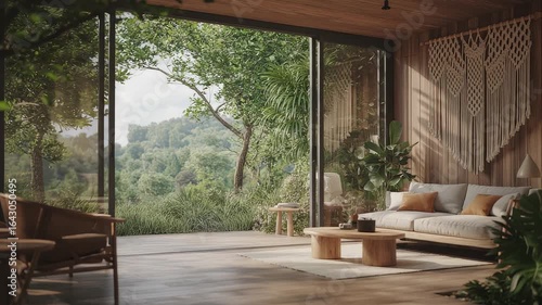 Luxury tropical villa interior with open sliding glass doors overlooking lush green jungle landscape and stylish modern wooden living room decor

