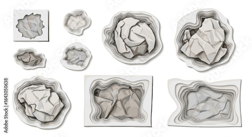 Abstract paper shapes layered in various geometric arrangements