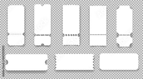 Set tickets, coupons or vouchers. Retro Cinema concert paper tag with separation point empty template, label. Vintage shape raffle edge, frame border. 