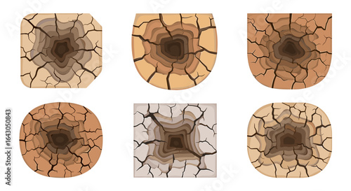 Different cracked earth textures in a grid formation on black background