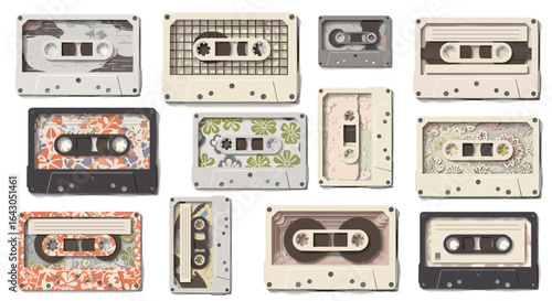 Colorful collection of vintage cassette tapes arranged in neat rows