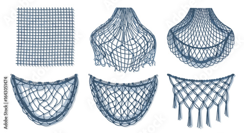 Detailed illustration of various fishnet knot patterns in blue tones