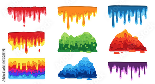 Colorful dripping paint splashes in various vibrant shades and hues