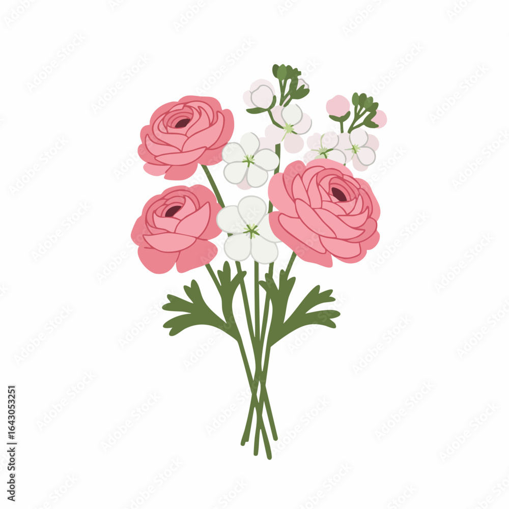 Fototapeta premium Delicate bouquet of pink ranunculus and white blossoms with green foliage