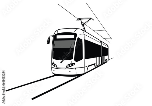 A modern tram on the rails, isolated on white background, showcasing urban transportation and sustainable mobility in a clean and efficient city environment