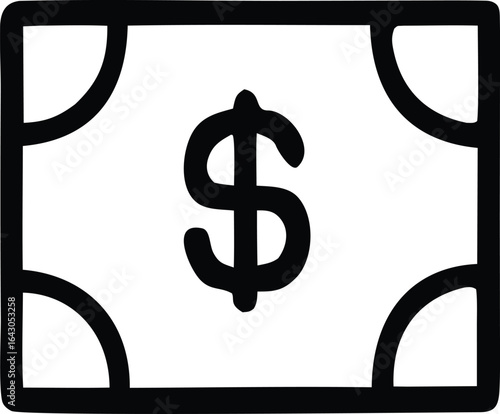 Stylized black and white icon representing a dollar bill with a prominent dollar sign at its center