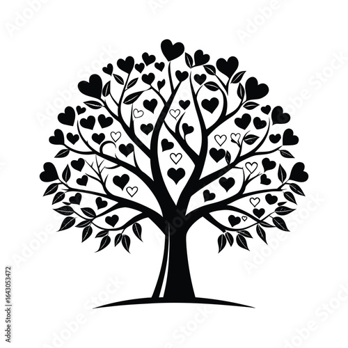 Whimsical silhouette tree adorned with numerous heart shaped leaves