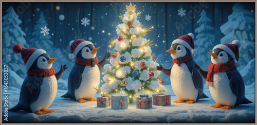 Cute penguins wearing santa hats celebrate christmas around a decorated tree