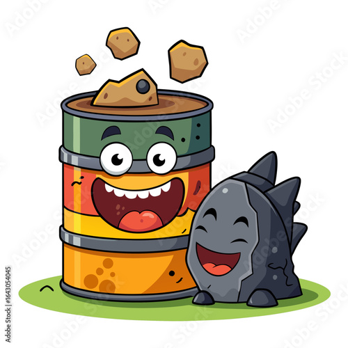 Funny Fossil Morphing into Oil Barrel Cartoon Vector Isolated on White