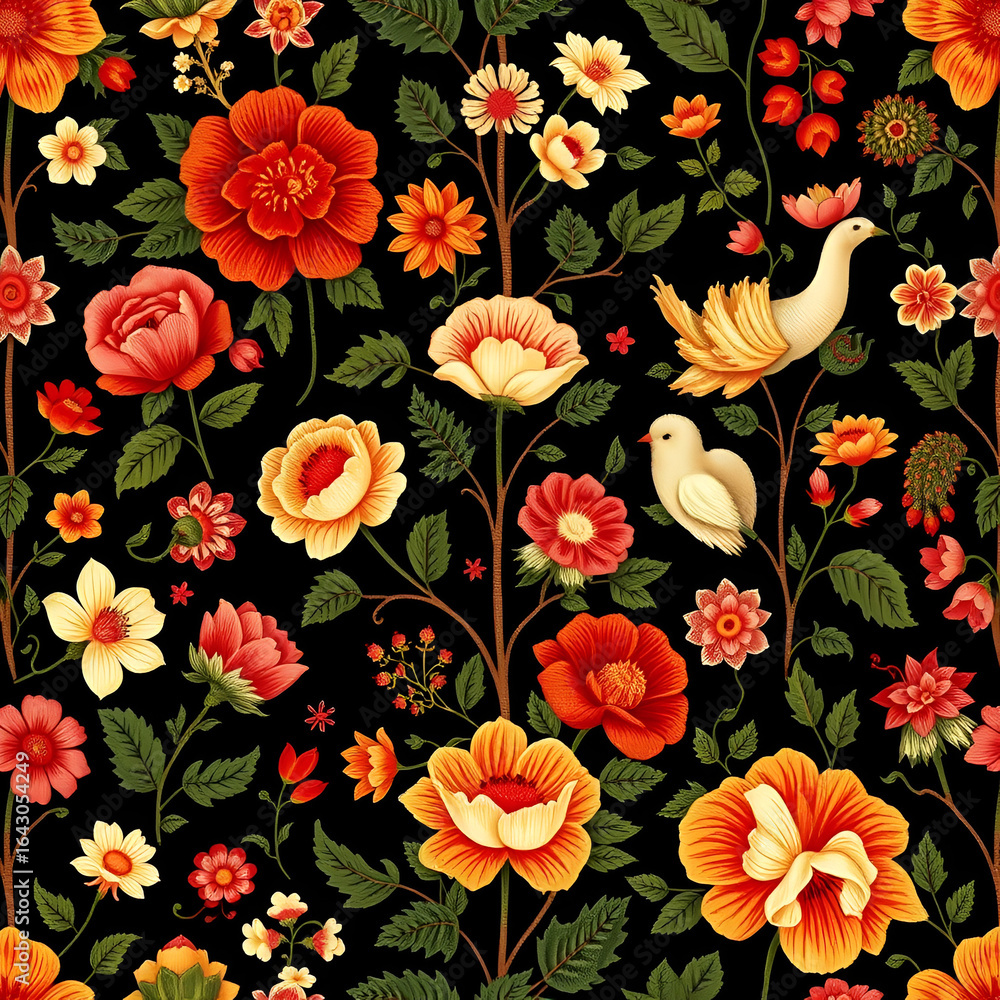 Traditional renaissance tapestry pattern with flowers, trees and animals. Millefleurs trendy floral design. Seamless pattern, background. Vector illustration. Traditional renaissance tapestry pattern with flowers, trees and animals. Millefleurs trendy floral design. Seamless pattern, background. Vector illustration.