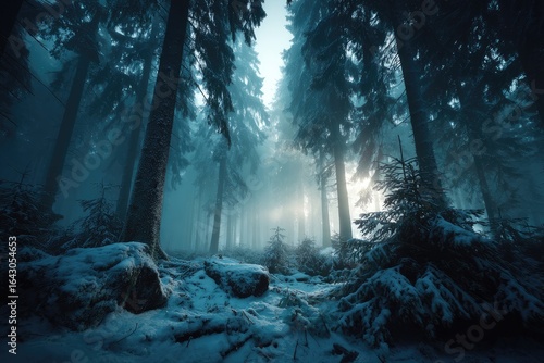 Snowy, misty forest, sunbeams pierce the gloom