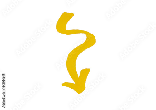 Photography A single, hand-drawn yellow arrow with a zigzagging, wavy line, pointing straight downward, symbolizing a turbulent decline or a complex, unpredictable path downwards