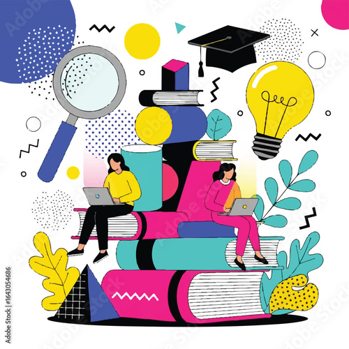 Two students engage in online learning, surrounded by books and symbols of knowledge, representing modern education and digital literacy.