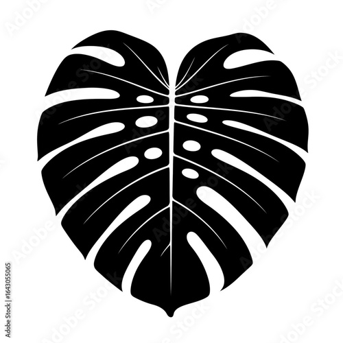 A stylized black silhouette of a Monstera deliciosa leaf shaped like a heart, isolated on a white background.