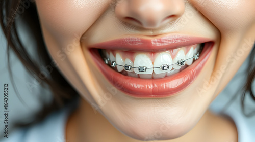 Asian woman braces. Teeth braces on the white teeth of women to equalize the teeth. Bracket system in smiling mouth, close up photo teeth, macro shot, dentist health concept.