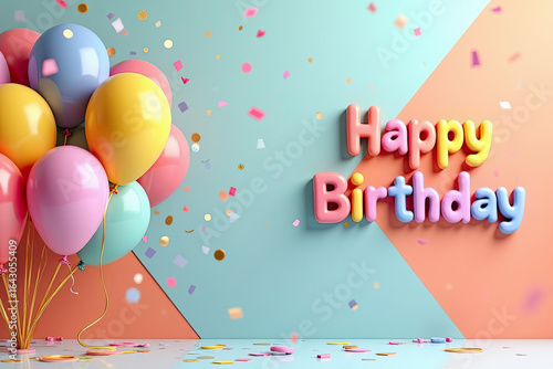 A horizontal, high-definition 3D rendering of a vibrant birthday scene with floating balloons and confetti set against a colorful backdrop. The balloons appear weightless, clustered in an asymmetric b