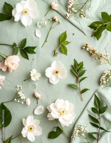 Flatlay of delicate white and pale pink flowers and greenery arranged on a pale green fabric background