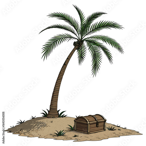A lone palm tree stands on a sandy island next to a buried treasure chest