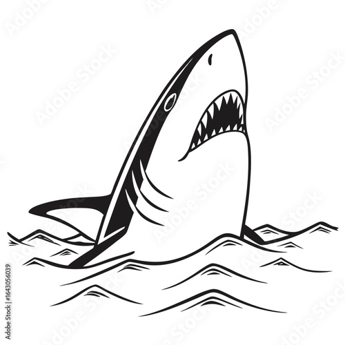 Aggressive great white shark emerging from dark water with sharp teeth bared