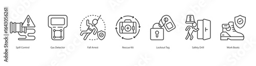 Workplace Safety banner web icon set vector illustration concept with icon of spill control, gas detector, fall arrest, rescue kit, lockout tag, safety drill, work boots
