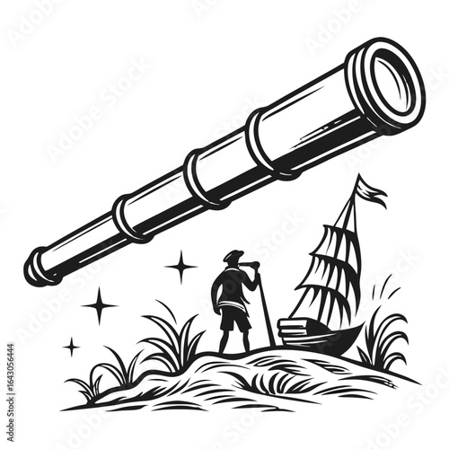 Silhouette of a lone explorer using a telescope to view a sailing ship on the ocean at night