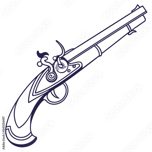 Stylized outline illustration of an antique flintlock pistol with intricate detailing on the handle and mechanism